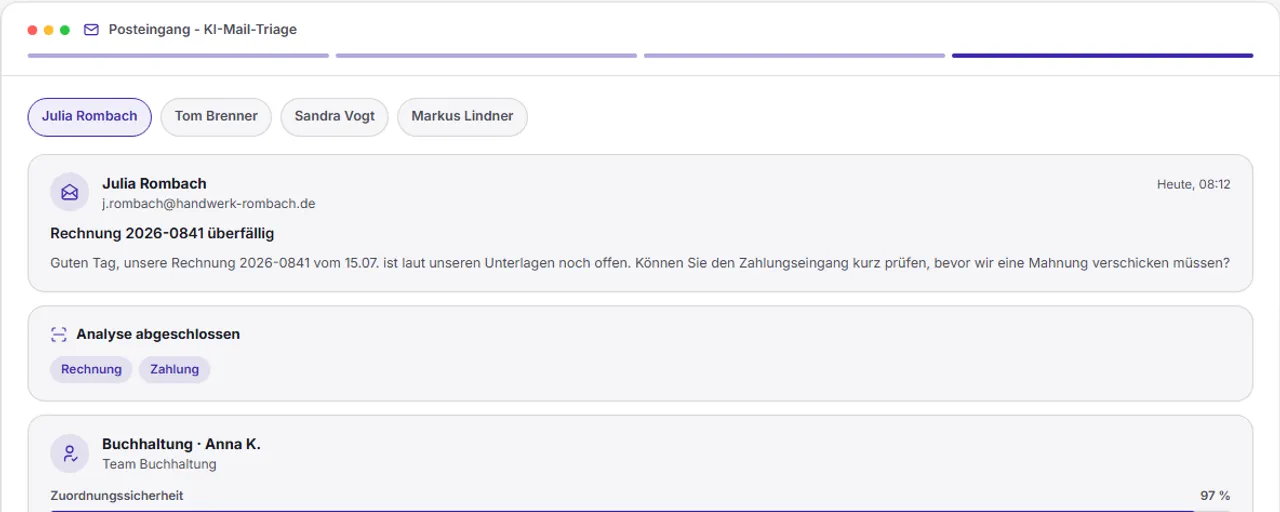 Beispiel-Screenshot einer automatischen E-Mail-Zuordnung vom Posteingang zur Zuweisung